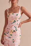 Bodycon Pink Square Neck Midi Floral Dress with Slit