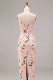 Bodycon Pink Square Neck Midi Floral Dress with Slit