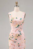 Bodycon Pink Square Neck Midi Floral Dress with Slit