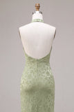 Light Green Halter Neck Printed Mermaid Floral Midi Dress
