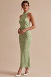 Light Green Halter Neck Printed Mermaid Floral Midi Dress