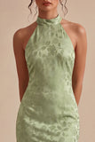 Light Green Halter Neck Printed Mermaid Floral Midi Dress
