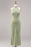 Light Green Halter Neck Printed Mermaid Floral Midi Dress