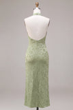 Light Green Halter Neck Printed Mermaid Floral Midi Dress