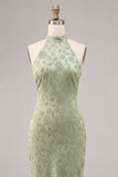 Light Green Halter Neck Printed Mermaid Floral Midi Dress