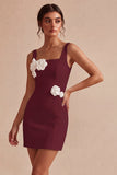Square Neck Bodycon Little White Dress with 3D Flowers