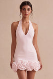 Halter Neck Bodycon Backless Little White Dress with 3D Flowers