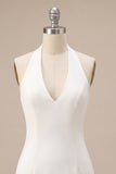 Halter Neck Bodycon Backless Little White Dress with 3D Flowers