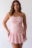 Pink A-Line Strapless Beaded Pearl Floral Short Birthday Dress