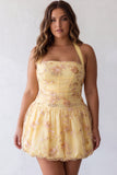 A-Line Yellow Halter Neck Floral Embroidered Birthday Dress