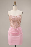 Pink Strapless Bodycon Beaded Ruched Homecoming Dress