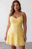 A-Line Yellow Beaded Spaghetti Straps Floral Pearl Short Birthday Dress