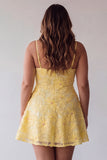 A-Line Yellow Beaded Spaghetti Straps Floral Pearl Short Birthday Dress