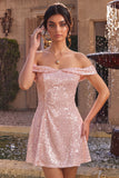 Sparkly Pink A-Line Off the Shoulder Sequins Homecoming Dress