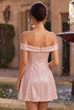 Sparkly Pink A-Line Off the Shoulder Sequins Homecoming Dress