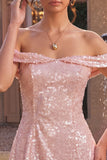 Sparkly Pink A-Line Off the Shoulder Sequins Homecoming Dress