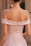 Sparkly Pink A-Line Off the Shoulder Sequins Homecoming Dress