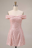 Sparkly Pink A-Line Off the Shoulder Sequins Homecoming Dress
