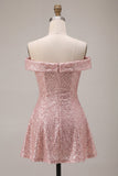Sparkly Pink A-Line Off the Shoulder Sequins Homecoming Dress
