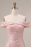 Sparkly Pink A-Line Off the Shoulder Sequins Homecoming Dress