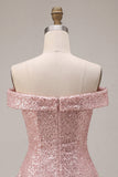 Sparkly Pink A-Line Off the Shoulder Sequins Homecoming Dress