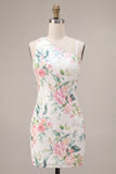 Sparkly White Pink Flower Bodycon Sequins Homecoming Dress