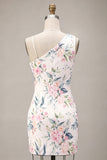 Sparkly White Pink Flower Bodycon Sequins Homecoming Dress