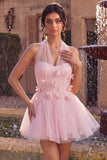 Pink A-Line Tulle Corset Homecoming Dress with 3D Flowers