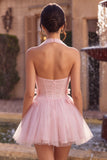Pink A-Line Tulle Corset Homecoming Dress with 3D Flowers