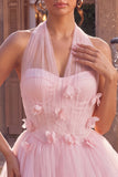 Pink A-Line Tulle Corset Homecoming Dress with 3D Flowers