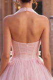 Pink A-Line Tulle Corset Homecoming Dress with 3D Flowers