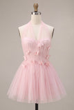 Pink A-Line Tulle Corset Homecoming Dress with 3D Flowers