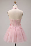 Pink A-Line Tulle Corset Homecoming Dress with 3D Flowers
