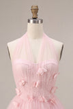 Pink A-Line Tulle Corset Homecoming Dress with 3D Flowers