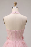 Pink A-Line Tulle Corset Homecoming Dress with 3D Flowers