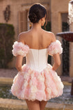 White and Pink A-Line Off the Shoulder Corset Floral Homecoming Dress