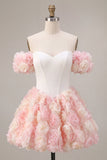 White and Pink A-Line Off the Shoulder Corset Floral Homecoming Dress