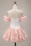White and Pink A-Line Off the Shoulder Corset Floral Homecoming Dress