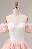 White and Pink A-Line Off the Shoulder Corset Floral Homecoming Dress