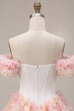 White and Pink A-Line Off the Shoulder Corset Floral Homecoming Dress