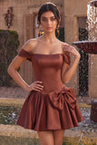 Desert Rose A-Line Satin Off the Shoulder Homecoming Dress with Bow