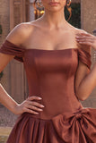Desert Rose A-Line Satin Off the Shoulder Homecoming Dress with Bow