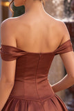 Desert Rose A-Line Satin Off the Shoulder Homecoming Dress with Bow