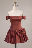 Desert Rose A-Line Satin Off the Shoulder Homecoming Dress with Bow