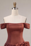 Desert Rose A-Line Satin Off the Shoulder Homecoming Dress with Bow