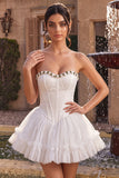 Lace Sweetheart White A-Line Corset Short Cocktail Dress with Ruffles