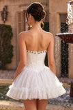 Lace Sweetheart White A-Line Corset Short Cocktail Dress with Ruffles
