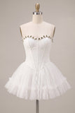 Lace Sweetheart White A-Line Corset Short Cocktail Dress with Ruffles
