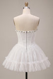 Lace Sweetheart White A-Line Corset Short Cocktail Dress with Ruffles