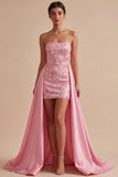 Strapless Pink Bodycon Sequins Homecoming Dress with Sash